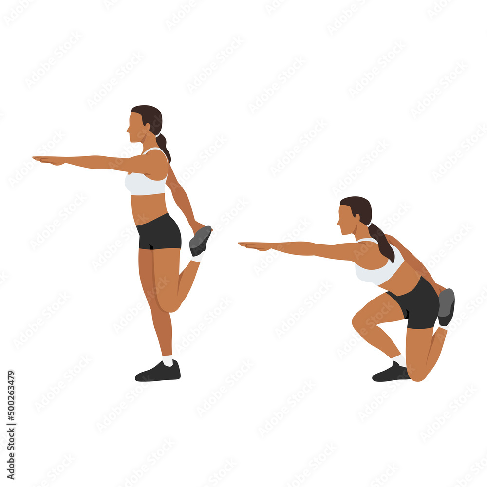 Woman doing Shrimp squat exercise. Flat vector illustration isolated on white background