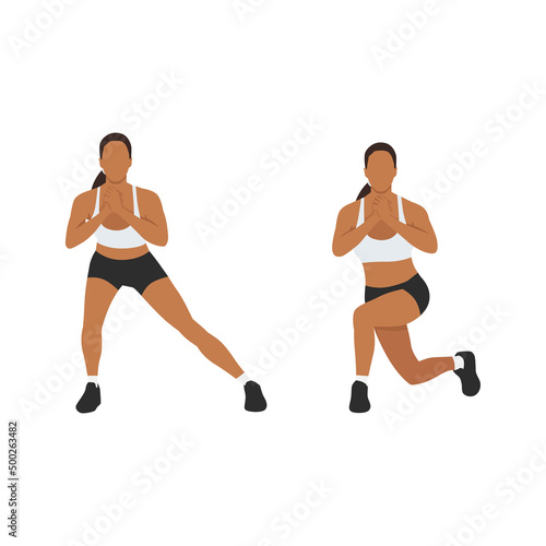 Woman doing Side lunge to curtsy lunge exercise. Flat vector illustration isolated on white background