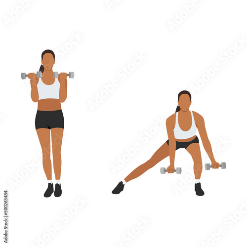 Woman doing Side lunge curl exercise. Flat vector illustration isolated on white background