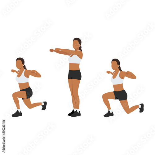 Woman doing shoulder squeeze reverse lunge exercise. Flat vector illustration isolated on white background
