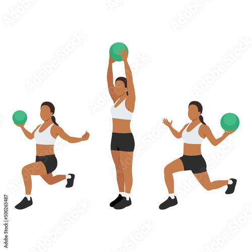 Woman doing Reverse lunge medicine ball overhead press exercise. Flat vector illustration isolated on white background