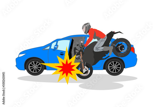 Motorcycle crash a car at the door car. The accident is between a black motorcycle and the blue blue car.