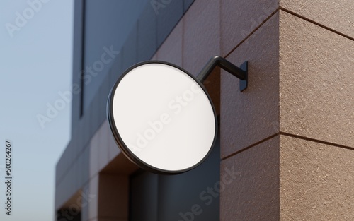 Circle mockup of office template signboard on office entrance with marble columns by 3d rendering