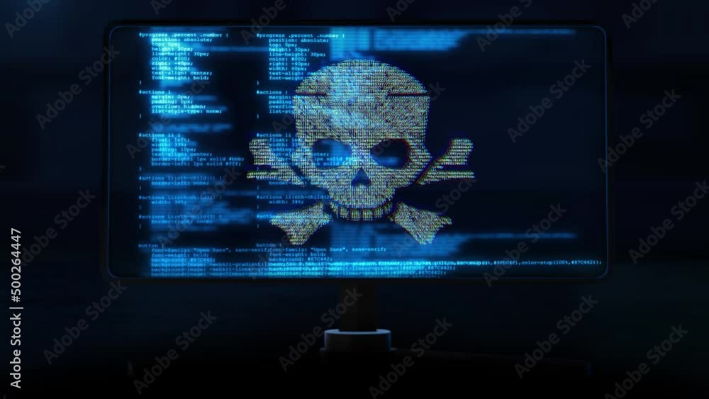 4K 3D Skull shape with noise and glitching. Internet piracy and online security concept loop animation. System Hacking detected device infected from virus on computer screen Animation.