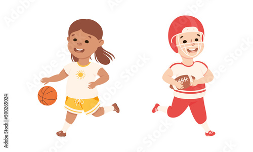 Kids doing sports set. Cute children playing american football and basketbal cartoon vector illustration