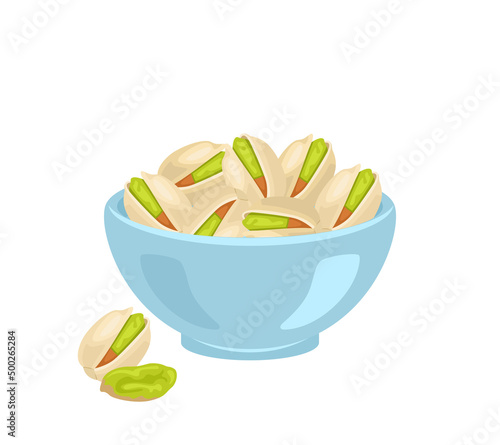 Pistachio in blue bowl isolated on white. Vector flat illustration of nuts. Organic food icon.