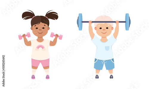 Kids doing sports set. Cute children exercising with dumbbells and lifting barbell cartoon vector illustration
