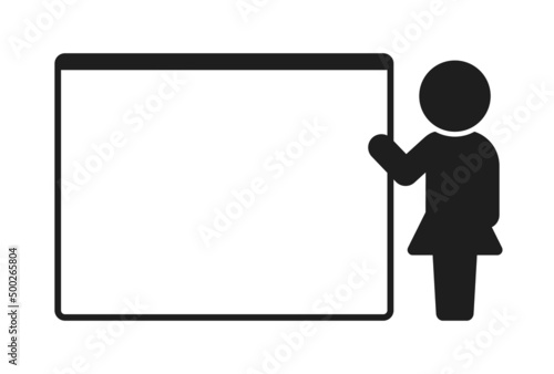 何も書かれていないフレームの前に立って説明する女の人 - 授業・セミナーのイメージ素材
