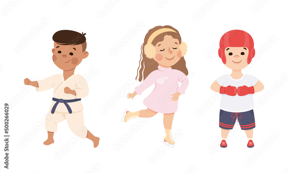 Kids doing sports set. Cute children doing karate, skating on rink and boxing cartoon vector illustration Kids doing sports set. Cute children doing karate, skating on rink and boxing cartoon vector illustration