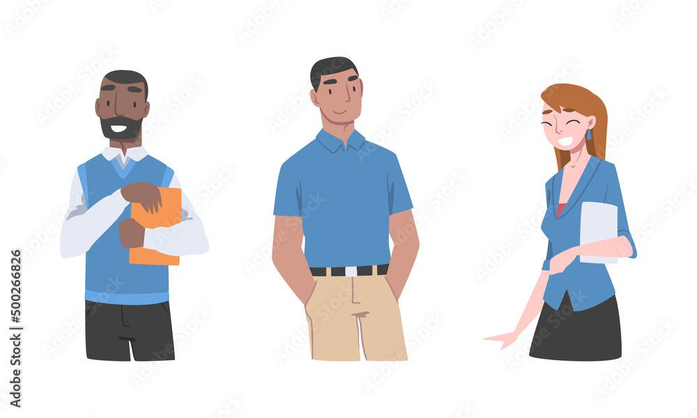 Cheerful young people. Set of multicultural students or employees cartoon vector illustration