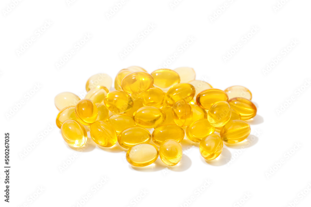 Close up of  oil filled capsules suitable for: fish oil, omega 3, omega 6, omega 9,  vitamin A, vitamin D, vitamin D3, vitamin E - Image