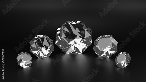 Many beautiful diamonds on black background 3D rendering
