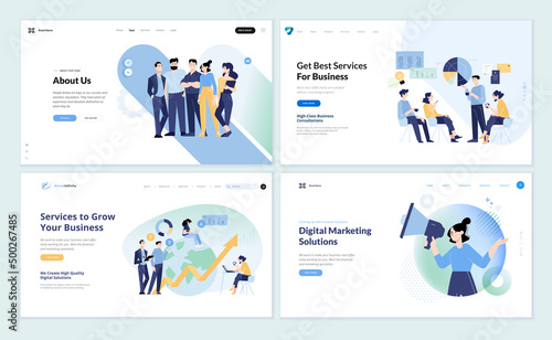 Set of web page design templates of business services, about us, strategy, planning, data analytics, market research, digital marketing, social media. Vector illustrations for web development.