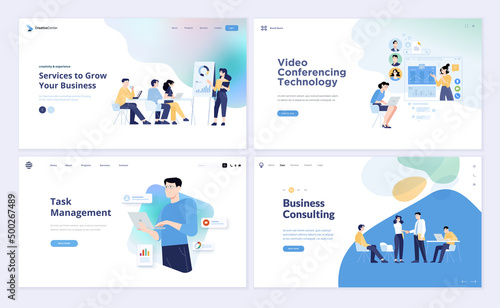 Fotografia, Obraz Set of web page design templates of business consulting, task management, project development, video conferencing, online meeting, video call