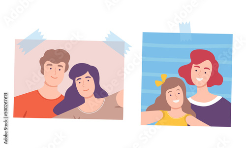 Photos of cheerful people pinned to the wall set. Selfie portraits of mom and her daughter and happy couple cartoon vector illustration