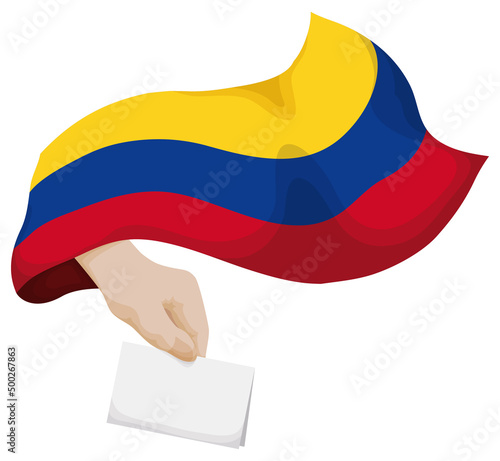 Waving Colombian flag with hand holding a vote for elections, Vector illustration
