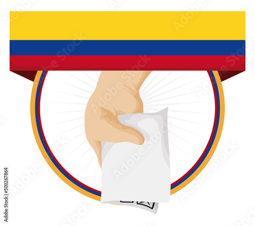 Colombia's flag, round frame and hand with vote, Vector illustration