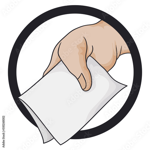Round frame with view of hand holding a folded vote, Vector illustration