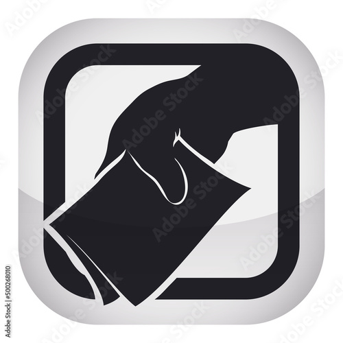 Square shaped electoral button with hand holding a vote, Vector illustration