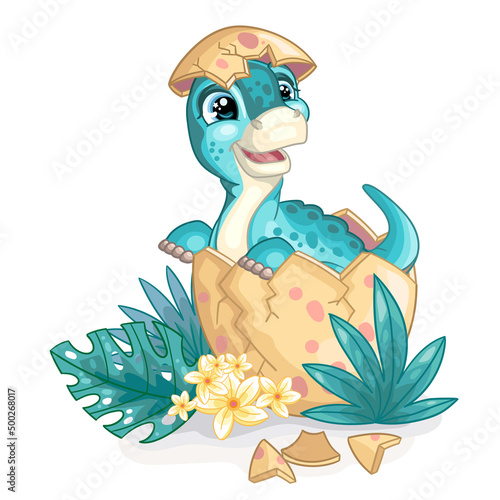 Cute cartoon baby turquoise brontosaurus in egg vector illustration