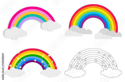 Rainbow, rainbow icon with clouds on a blue background. Cartoon, vector illustration.
