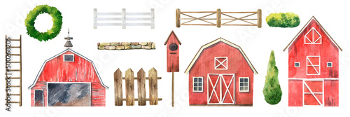 Red wooden barn, Farmhouse watercolor illustration