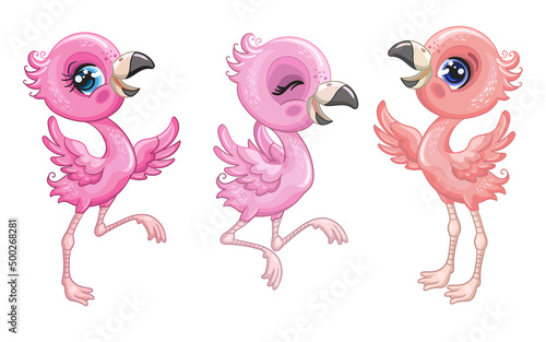 Cute cartoon pink flamingo birds set vector isolated illustration