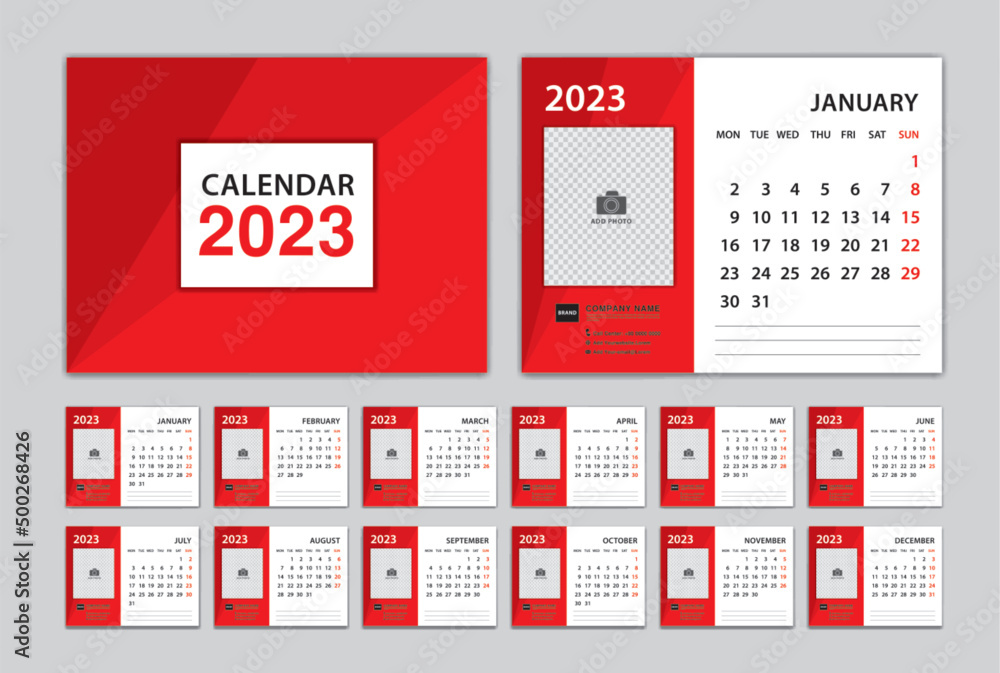 Calendar 2023 template and red cover design, Desk Calendar 2023 year, Set of 12 Months, planners