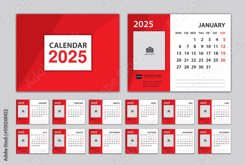 Calendar 2025 template and red cover design, Desk Calendar 2025 year, Set of 12 Months, planners, Week Starts on Monday, Wall calendar 2025 template, corporate planner, organization, printing, vector
