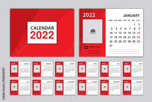 Calendar 2022 template and red cover design, Desk Calendar 2022 year, Set of 12 Months, planners, Week Starts on Monday, Wall calendar 2022 template, corporate planner, organization, printing, vector