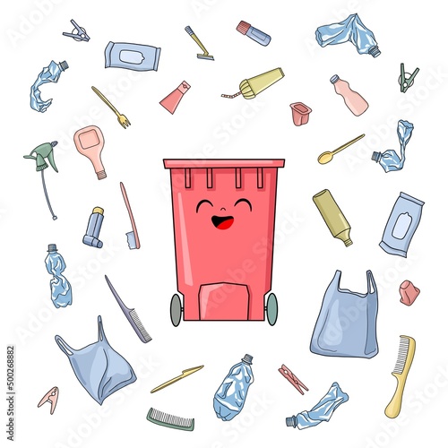 Sorting of plastic. Various plastic waste. A garbage container for plastic. Funny cartoon illustration on the topic of waste recycling.
