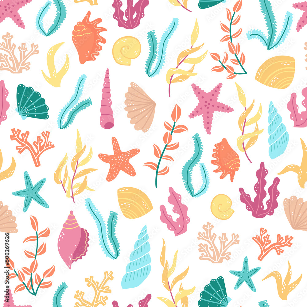 Obraz premium Vector seamless pattern with algae and shells in cartoon style.