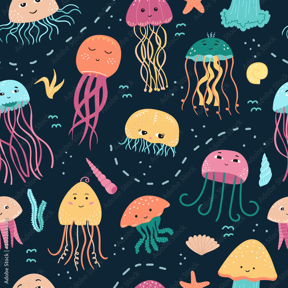 Vector seamless pattern with jellyfish, algae and shells in cartoon style. Vector seamless pattern with jellyfish, algae and shells in cartoon style.