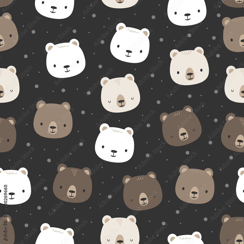 Seamless pattern with cute polar and teddy bear face cartoon flat design on black background Seamless pattern with cute polar and teddy bear face cartoon flat design on black background