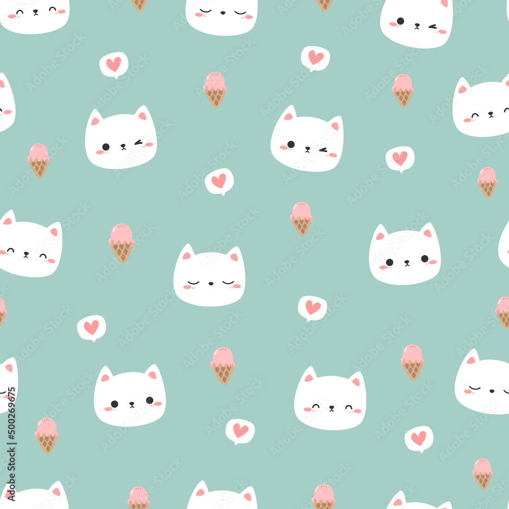 Seamless pattern with cute white cat face with ice cream cartoon flat design on green background