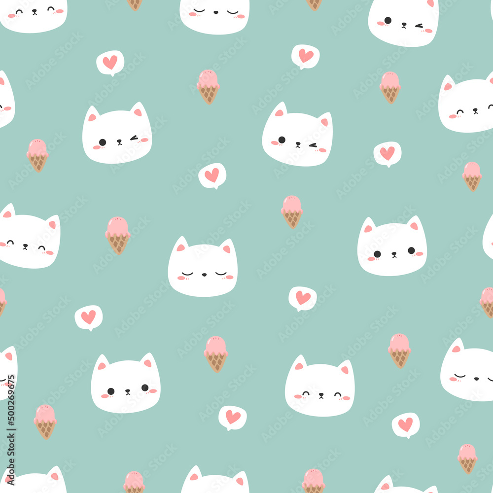 Seamless pattern with cute white cat face with ice cream cartoon flat design on green background Seamless pattern with cute white cat face with ice cream cartoon flat design on green background