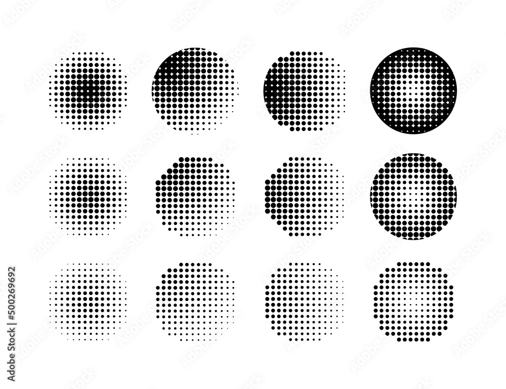 Halftone dotted circle set. Half ton dot round pop art element.