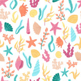 Vector seamless pattern with algae and shells in cartoon style.