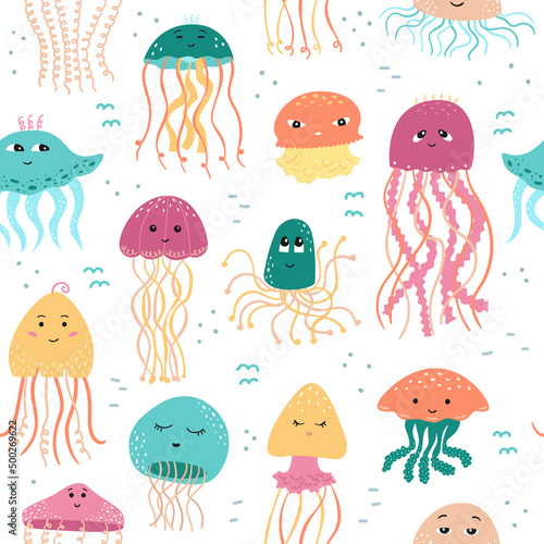 Vector seamless pattern with jellyfish in cartoon style.