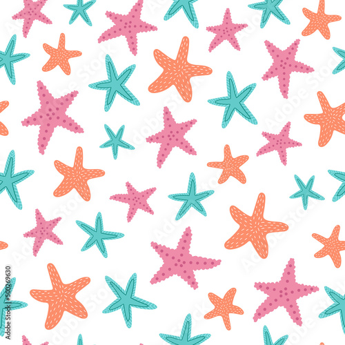 Vector seamless pattern with starfishes in cartoon style.
