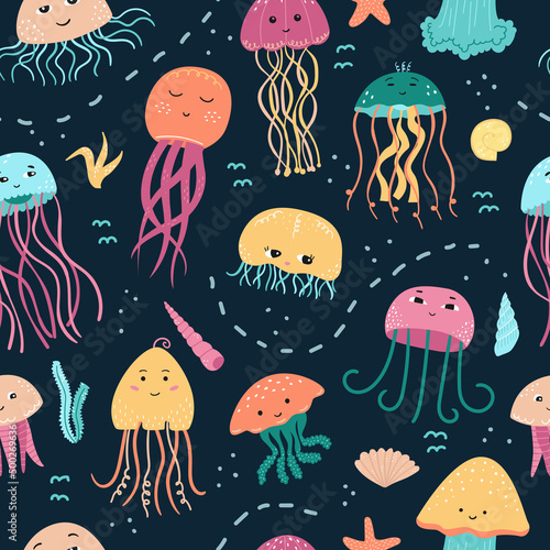 Vector seamless pattern with jellyfish, algae and shells in cartoon style.