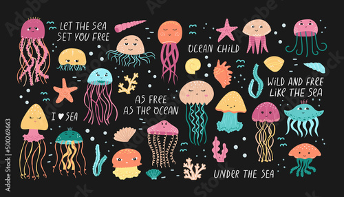 Vector set of illustrations of jellyfish and algae with shells in cartoon style.