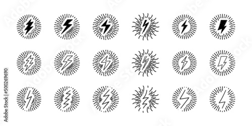 Lightning bolt on rays burst vintage doodle set. Sunburst with thunderbolt hand drawn skribble collection.