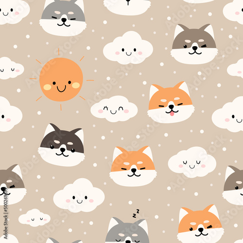 Seamless pattern with cute shiba inu puppy face and cloud cartoon flat design on brown background