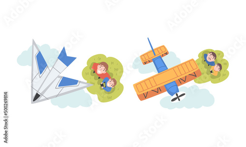 View from above of people launching aircraft models set. People watching at flying airplanes with smile cartoon vector illustration photo