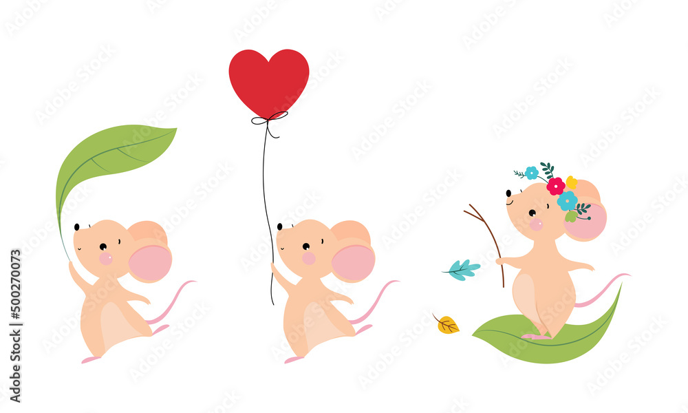 Cute adorable mice in different actions set. Lovely mouse playing with leaf and inflatable balloons cartoon vector illustration