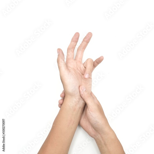 Vászonkép Flexor tendon pain in Asian young man. Tendons injury.