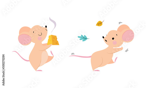 Cute adorable mice in different actions set. Funny mouse running and enjoying of eating cheese cartoon vector illustration