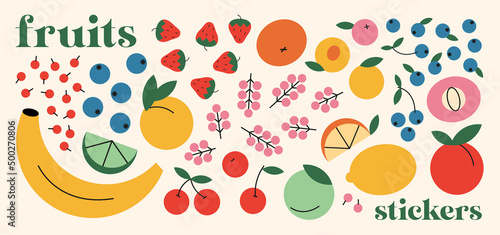 Set of drawn fruit stickers. Drawing style. Various colorful fruits for drawing, textile. Interior painting. flat design. Hand drawn fashion vector illustration.