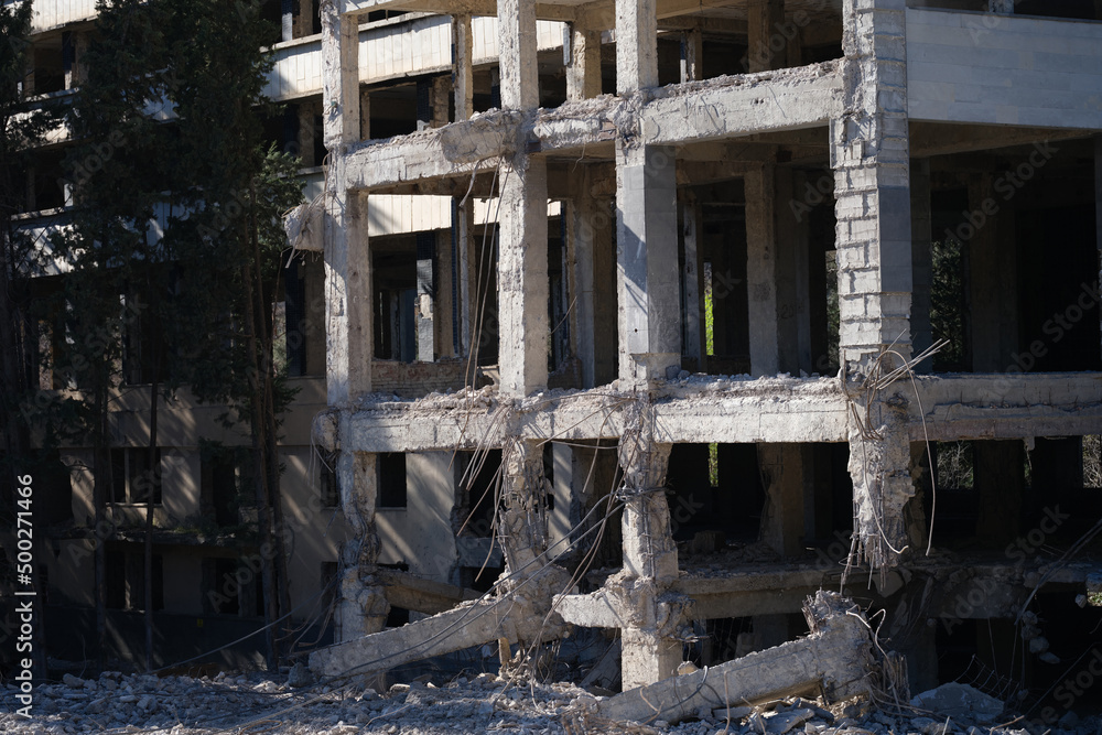 Bombed-out multi-storey building in Ukraine during war with Russia